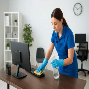 Agent d’entretien nettoyant un clavier d’ordinateur dans un bureau moderne avec un chiffon et un spray de nettoyage.