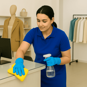 Agent d’entretien nettoyant une surface vitrée dans un commerce, avec gants et spray de nettoyage.