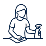 Illustration d’une personne nettoyant une surface avec un spray, représentant les services particuliers à domicile.