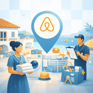 Illustration de services de conciergerie Airbnb : remise de linge propre, gestion du logement, check-list et équipements de ménage dans un cadre bord de mer.