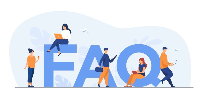 Illustration des lettres “FAQ” entourées de personnes utilisant ordinateurs et smartphones pour symboliser les questions fréquentes.